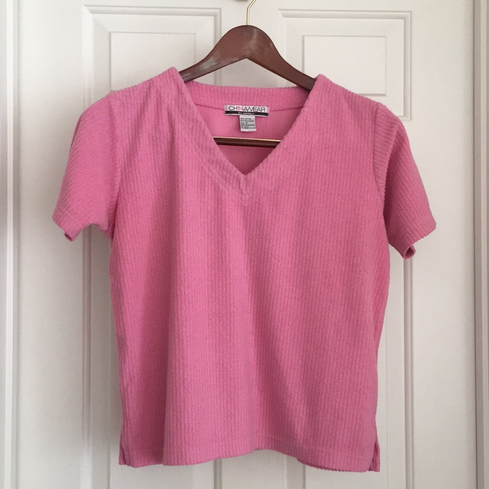 Chinawear Top Size Small Pink Ribbed V neck Short Sleeves Soft